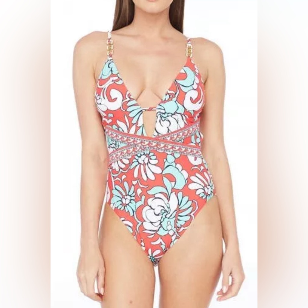 Trina Turk Garden Bloom Plunge One Piece Swimsuit Size 8 New